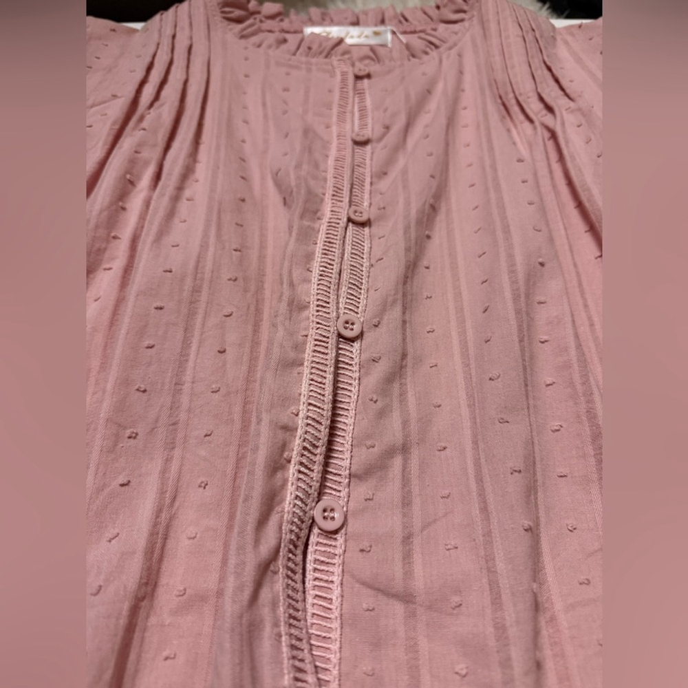 Pink Top Women Size Large Cotton Swiss Dot Pleated Ruffle Round Neckline Long - Picture 11 of 13